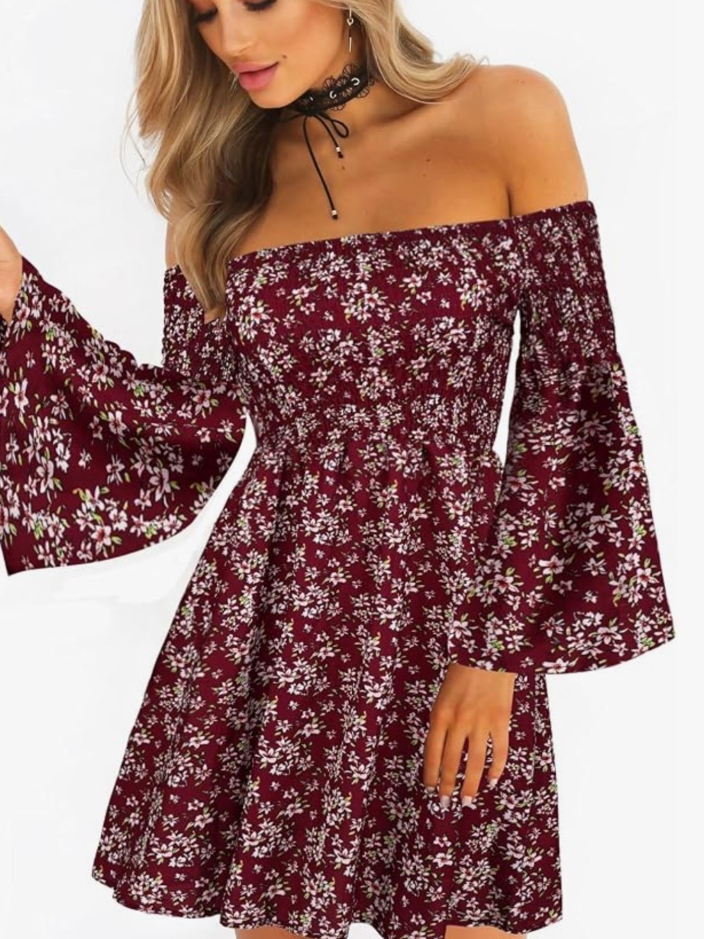 Wine Red Floral Smocked Sundress